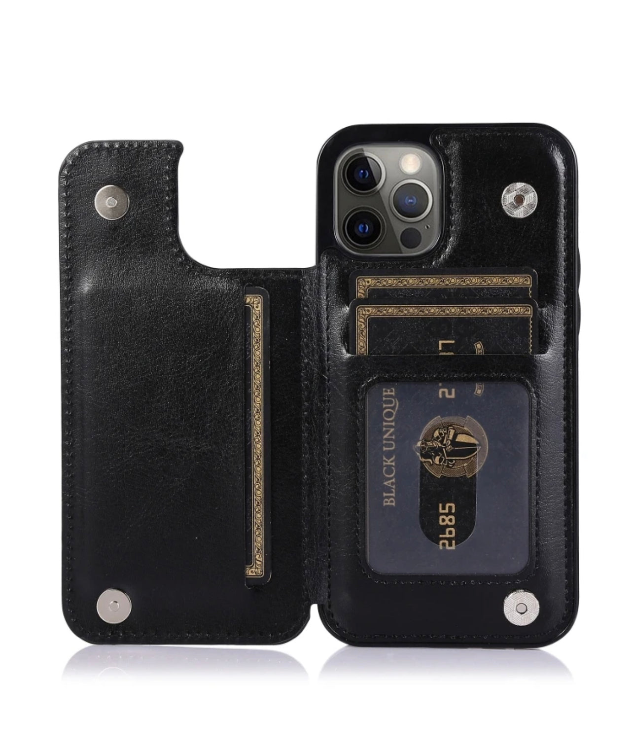 iPhone 15 Luxury Side Magnetic Button Card ID Holder PU Leather Case Cover