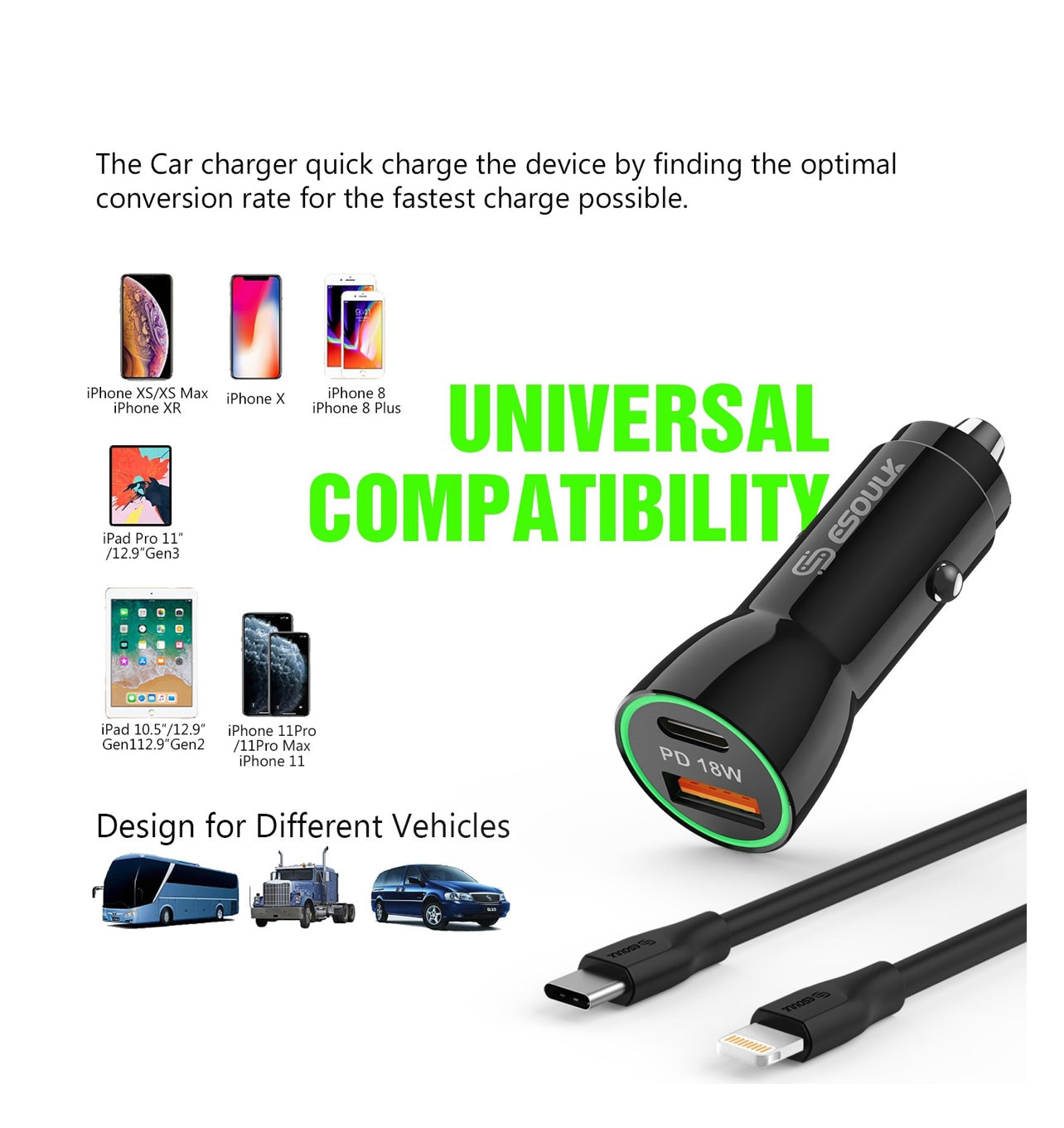 18W Car Charger PD & USB-A With 3ft C To IPhone Cable For IPhone