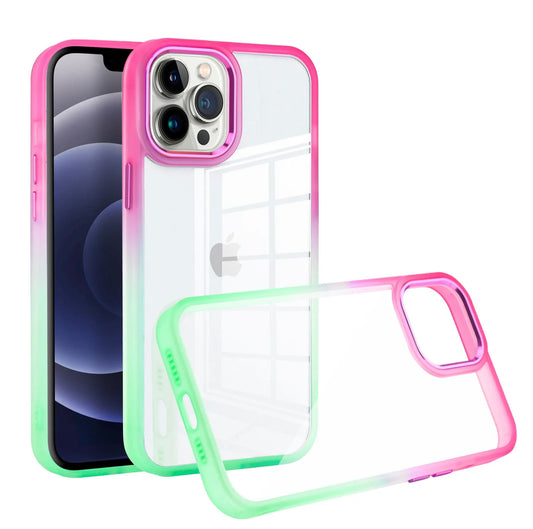 iPhone 14 PRO MAX 6.7" Radiant Two Tone Transparent Thick Hybrid Case Cover - Hot Pink/Teal