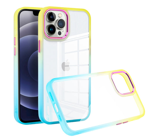 iPhone 14 PRO MAX 6.7" Radiant Two Tone Transparent Thick Hybrid Case Cover - Yellow/Light Blue