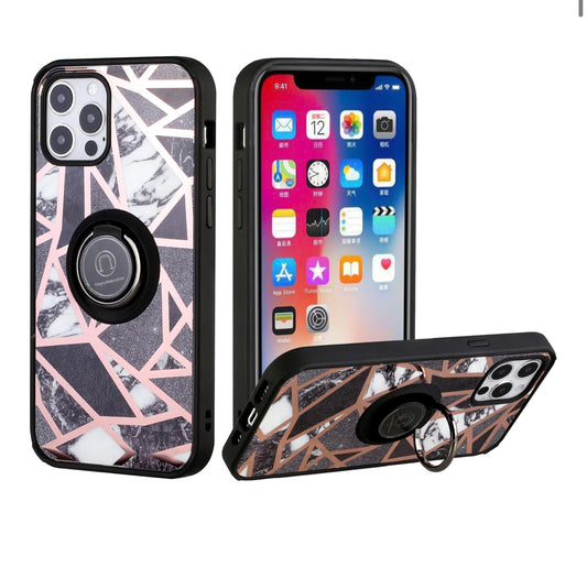 iPhone 14 Pro Max Marble Design Magnetic Ring Stand Phone Case- Rose Gold/Black